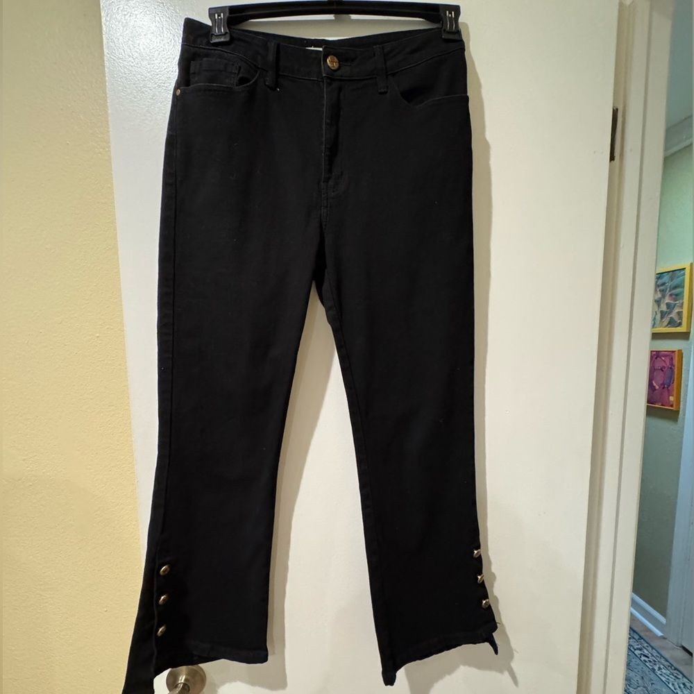BECCA Black cropped bootleg Pants with Gold Button detail, from Spain.